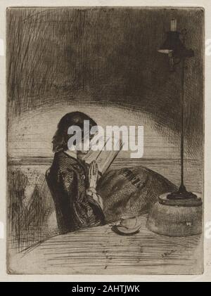 James McNeill Whistler. Lesen Lampenlicht. 1859. In den Vereinigten Staaten. Ätzen und Kaltnadel, mit Foul beißen, in Schwarz auf Creme Bütten Lange vor Whistler der Porträt seiner Mutter konzipiert, seine wichtigste frühe Modelle seine Hälfte waren - die Schwester, Deborah Haden, und ihre Familie. Deborah war für den Arzt, drucken Sammler verheiratet, und Amateur Künstler Francis Seymour Haden, und sie hatten drei Kinder, Annie, Seymour und Arthur. Während eines Besuchs in 1859, Whistler erstellt ehrgeizige, aber persönliche Darstellungen der Familie, einschließlich der multifigure das Musikzimmer (1917.444), die die schildert Stockfoto
