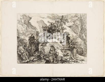 Giovanni Battista Piranesi. Die Skelette. 1750. Italien. Radierung auf schwerem Elfenbein Papier drucken ist einer von vier Grotesken (dekorative Phantasien) in beliebten Giovanni Battista Piranesi der Serie der architektonischen Blick auf Rom und seine Umgebung enthalten. Diese Art der Zusammensetzung wurde von der Römischen Mauer Dekorationen während der Renaissance entdeckte inspiriert und wurde bedeutet, unterschiedliche Elemente in eine skurrile und ornamentale Weise zu integrieren. Diese radierung umfasst unter anderem eine Rückansicht der oft kopierte Herkules Farnese, eine große Sternzeichen Rad teilweise am oberen Rig sichtbar Stockfoto