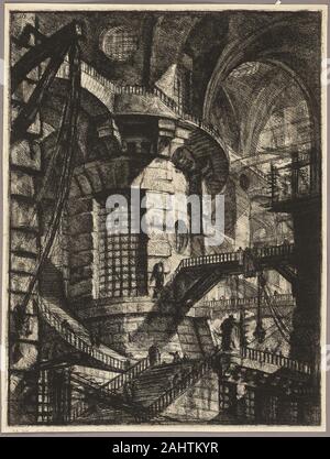 Giovanni Battista Piranesi. Der runde Turm, Platte 3 ab der zweiten Ausgabe der Carceri d'invenzione (imaginäre Gefängnisse). 1761-1765. Italien. Ätzung, Gravur, Schwefel Tint und Brünieren in Schwarz auf Elfenbein Bütten Zusätzlich zu dramatischen Blick auf die römische Architektur, Giovanni Battista Piranesi schuf eine Reihe von Gefängnis Interieur, die völlig erfunden wurden. Diese riesigen, verschränkten Durchgänge und tiefliegend Kammern wurden erstmals um 1750 gedruckt. Zehn Jahre später, Piranesi die Platten umgebaut und steigert ihre ominousstate in eine implizite Kritik der sozialen Ungerechtigkeit. Stockfoto