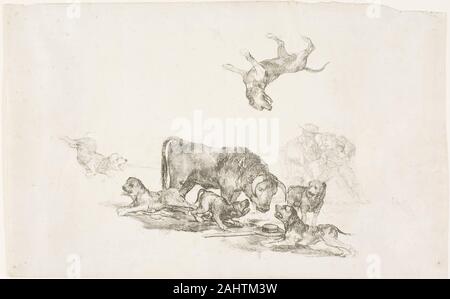 Francisco José de Goya y Lucientes. Stier durch Hunde angegriffen. 1824 - 1825. Spanien. Auf Elfenbein webte Papier Lithographie Stockfoto