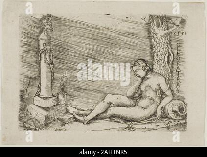 Meister von 1515. Cleopatra am Fuße eines Baumes, mit einem Begriff. 1515. Italien. Gravur auf Elfenbein Bütten Kleopatra VII (69 - 30 v. Chr.), eine gefeierte weiblichen Ägyptischen Pharao, festigte ihren Thron durch Liaisons mit römischen Führer, einschließlich Julius Caesar und Marcus Antonius. Trotz ihrer politischen Scharfsinn und trickreiche Manipulation der Männer in ihrem Gefolge, sie ist am besten für ihren Tod, der angeblich ein selbst zugefügt wurde erinnert - asp Beißen. Sowohl dieses Drucken und Jacopo de' Barbari's Cleopatra (1945.59) zeigen ihr entweder in Anbetracht Schlange - Sterbehilfe, oder warten Sie, bis das Gift, Einfluß zu nehmen. Stockfoto