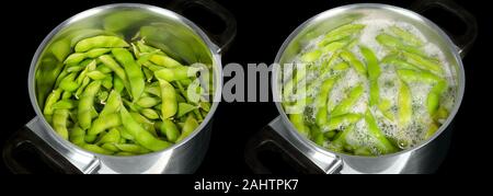 Edamame, grüne Sojabohnen, maodou, roh und gekocht in Salzwasser, sowohl in einem Topf. Sojabohnen, Glycine max., Hülsenfrucht, die bis reich an Protein. Stockfoto