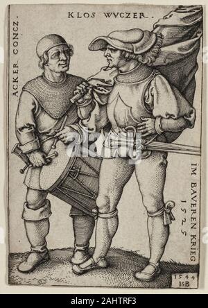 Hans Sebald Beham. Standard-Bearer und Schlagzeuger. 1544. Deutschland. Gravur in Schwarz auf Elfenbein Bütten Beham die Gravur von zwei Fußsoldaten verwaltet die visuelle toben und Lärm des Krieges trotz ihrer geringen Größe zu erfassen. Beide tragen mail Rüstung, mit der standartenträger auch mit einem Cuirass ausgestattet, eine Art des Schildes. Doch diese Rüstung ist eine antiquierte Modell, und diese Zahlen mögen in der Tat Landsknecht Imitatoren. Die inschriften Identifizieren der Schlagzeuger als Stümperhaften "Landwirt Conrad" und der standartenträger als "Klaus Schweinehirt," ein Hinweis auf den Bauernkrieg, eine große deutsche Bauern upr Stockfoto