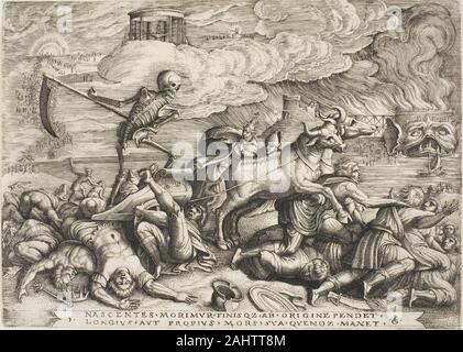 Georg Pencz. Der Triumph des Todes, Platte fünf aus der Triumphe von Petrarca. 1534 - 1544. Deutschland. Gravur in Schwarz auf Elfenbein Bütten auf der Rückseite dieser Eindruck von Georg Pencz der Triumph des Todes trägt die Unterschrift, datiert 1676, von Pierre Mariette II, einer berühmten Kenner und printseller, scheint die Serie eine gute Investition zu sein gefunden zu haben. Mariette gekauft mindestens eine Kopie des Sets vor, wie das Britische Museum jetzt besitzt sowohl der Triumph der Liebe und der Triumph des Todes durch Mariette und datiert 1666 unterzeichnet. Das Bild selbst ist eines der Dramatischsten in der Reihe, mit Stockfoto