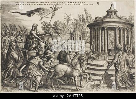 Georg Pencz. Der Triumph der Keuschheit, der Platte zwei von der Triumphe von Petrarca. 1534 - 1544. Deutschland. Gravur in Schwarz auf Elfenbein Bütten deutscher Graveur Georg Pencz haben kann anfangs gesehen von Petrarca Triumphe in Italien beliebte Gedichte interpretiert als eine Reihe von Prints von Florentiner Francesco Botticini, der Werkstatt, oder vielleicht an einem eingerichteten Cassone (ehe Brust). Das Thema kann als besonders geeignet für die letztere, wie der Keuschheit Sieg über die Liebe ist so absolut. In der Tat, in Pencz der Wiedergabe, der mit verbundenen Augen Cupid ordnungsgemäß an der Vorderseite der Keuschheit ist beigefügt wurden gebündelt und Stockfoto