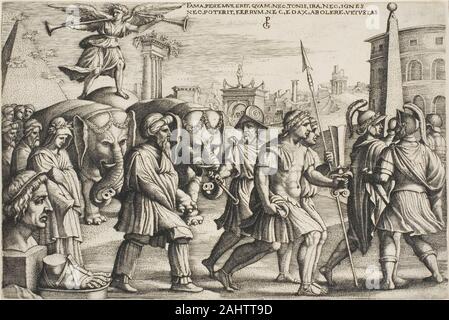 Georg Pencz. Der Triumph des Ruhmes, Platte drei von der Triumphe von Petrarca. 1534 - 1544. Deutschland. Gravur in Schwarz auf Elfenbein legte das Papier Petrarca geliebten Gedicht über Ruhm eignet sich gut als eine Parade, und so Pencz könnte leicht diese Bilder des Alten triumphale Prozessionen von neueren Werke im Druck und Farbe vom späten 15. Jahrhundert angenommen haben Künstler Andrea Mantegna dargestellt. In der Tat, Pencz besucht Mantua während seiner Reise nach Italien und kann einige der Mantegnas arbeiten dort gesehen haben. Pencz ist neugierig in die Hocke und diminutive Elefanten, Stubby menschliche Figuren, und skulpturalen oversize Überrest Stockfoto