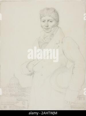 Jean Auguste Dominique Ingres. Portrait von Jean-Louis Robin. 1809 - 1810. Frankreich. Graphit, mit stumping, auf Elfenbein webte Papier Ingres berühmt sagte, dass "die Zeichnung ist alles; es ist alles von Kunst," und dass "Rauch selbst sollten durch eine Linie ausgedrückt werden." Seine gefeierte Portrait Zeichnungen illustrieren seine Hingabe zu Pure line. Ingres zog sein Porträt von Jean-Louis Robin, Chefarzt der französischen Krankenhaus in Rom, von der Villa Medici, die Website der Französischen Akademie in Rom, wo der artist-in-residence an der Zeit war. In der Ferne, und technische Präzision, ist Saint Peter's Basilica. Usi Stockfoto