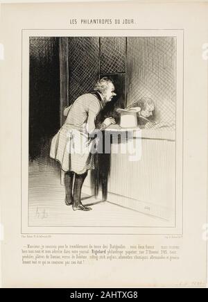 Honoré-Victorin Daumier. "Sir, ich möchte für die Erde beben im Batignolles..... hier zu abonnieren sind zwei Franken.... aber Richtig mein Name und Adresse in ihre Zeitung, Rigolard - Philanthrop, papierladen an der Rue St. Honoré 345 und bietet Uhren und Statuen von Dantan, böhmisches Glas, Englisch Reiten Sticks, Deutschen Chemischen entspricht, und generell alles, was diese Sache nicht wirklich Interesse, "Platte 6 von Les Philantropes du Jour. 1844. Frankreich. Lithographie in Schwarz auf Elfenbein webte Papier Stockfoto