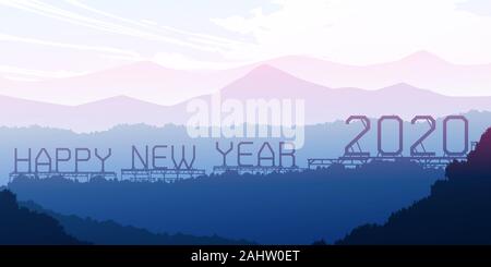 Frohes neues Jahr 2020 natürlichen Wald berge Horizont Landschaft wallpaper Silhouette baum Sonnenaufgang und Sonnenuntergang Illustration vektor Stil bunte anzeigen Stock Vektor