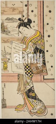 Ishikawa Toyonobu. Kurtisane lesen einen Brief. 1740 - 1750. Japan. Hand - farbige Holzschnitt; toku-Oban, urushi-e Stockfoto