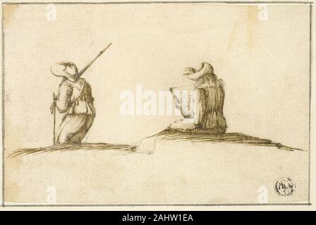 Stefano Della Bella. Artist Skizzieren, und Soldat, gesehen von der Rückseite. 1630 - 1664. Italien. Pen und braun Tinte, Graphit, Auf festem Bütten, legte sich auf Creme Bütten Stockfoto