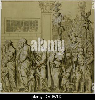 Andrea Mantegna. Triumphe von Julius Caesar Leinwand Nr. VII. 1700 - 1799. Italien. Pen und braun Tinte, mit Pinsel in Grau waschen, erhöhte mit Bleiweiß (oxidiert), an den cremefarbenen Papier mit gelben Waschen vorbereitet Stockfoto