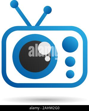 Eye TV Kanal Logo Design Vorlage, Cartoon Logo Konzept, Vektor Symbol, Blau, Schwarz, "Ellipse", "Abgerundetes Rechteck Stock Vektor