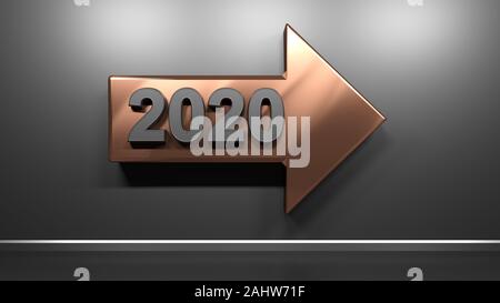 2020 Kupfer Pfeil bei Satin schwarze Wand - 3D Rendering illustration Stockfoto