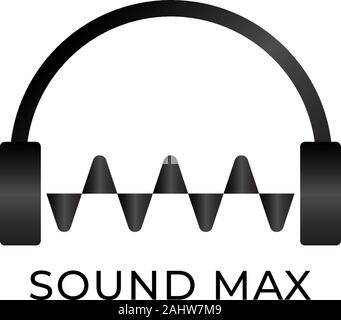 Sound max Logo, Kopfhörer & Sound Wave Logo Design Konzept, Schwarz und Weiß, Audio Logo Design Template, Audio Spektrum Visualisierung, Vector EPS 10. Stock Vektor