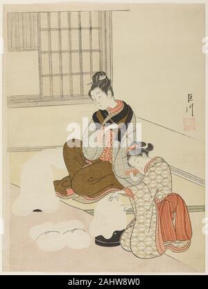 Suzuki Harunobu. Abend Schnee auf einem Floss Shaper (Nurioke keine bosetsu), aus der serie Acht Ansichten von der Stube (Zashiki hakkei). 1761-1771. Japan. Farbe holzschnitt; chuban der berühmten Serie Acht Ansichten der Salon im Jahr 1766 produziert wurde, um die Zeit der Entstehung der vollfarbige Ausdrucke in Japan. Die Serie enthält acht Drucke, die zusammen in einem fantasievollen Wrapper, die jetzt in der Sammlung des Art Institute sind untergebracht waren. Diese Szenen vorhanden visual Wortspiele auf bekannte Themen der Xiao und Xiang Flüsse in China, von denen jede auf der Grundlage hat seine eigenen poetischen Titel. Für den Abend Sno Stockfoto