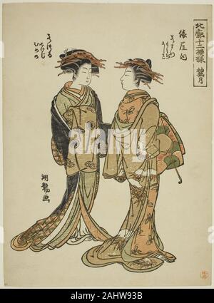 Isoda Koryusai. Im zehnten Monat (Kannazuki) Wakamatsu und Wakatsuru des Tawaraya, aus der Serie 12 Muster, die in der nördlichen Viertel (Hokkaku Juni moyo). 1771 - 1786. Japan. Farbe holzschnitt; chuban Stockfoto