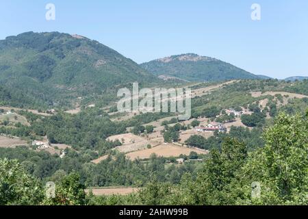 Die hügelige Landschaft des südlichen Apenninen mit Wäldern und Feldern, in hellen Sommer Licht in der Nähe von moliterno, Agri Tal, Matera, Basilikata, Italien geschossen Stockfoto