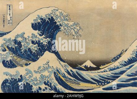 Katsushika Hokusai. Unter der Welle von Kanagawa (Kanagawa oki Nami ura), die auch als die große Welle, aus der Serie 36 Ansichten des Berges Fuji (Fugaku sanjurokkei) bekannt. 1825 - 1838. Japan. Farbe holzschnitt; Oban Katsushika Hokusai ist viel gefeierten Serie, 36 Blick auf Mount Fuji (Fugaku sanjûrokkei), war im Jahre 1830, wenn der Künstler 70 Jahre alt war, begonnen. Diese Tour-de-Force Series die Popularität der Landschaft Drucke, die bis heute andauert. Bemerkenswert ist vielleicht vor allem über die Reihe Hokusai's ist reichhaltig, Nutzung der neu erschwingliche Berlin blaues Pigment, in vielen Empfohlene Stockfoto