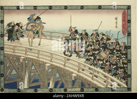 Utagawa Hiroshige. Die Nacht Angriff, Teil 4 [sic; tatsächlich 5] Der Rückzug in Ryogoku Brücke (Youchi yon, Ryogoku hikitori), aus der serie Die Rache der Treuen Halter (chushingura). 1829-1844. Japan. Farbe holzschnitt; Oban Stockfoto