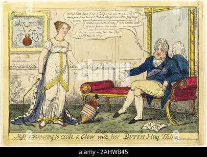 Robert Isaac Cruikshank. Miss bemüht, Excite ein Leuchten mit Ihrem niederländischen Spielen. 1814. England. Handcolorierte Radierung auf Elfenbein Bütten Stockfoto