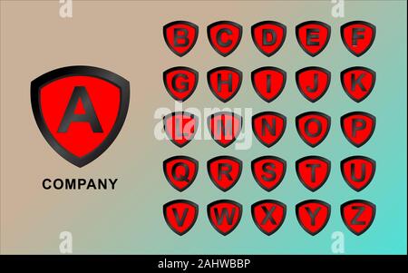 Buchstaben von A bis Z Alphabetische Shield Logo Bundle, Sicherheit Logo Design Vorlage, abdschad Logo Pack, Emblem Logo Konzept, Rot, Schwarz, Schutz Symbol Stock Vektor