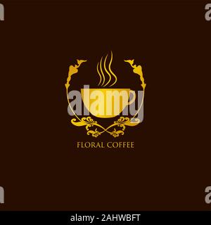 Coffee Shop Floral Logo Design Vorlage, Luxus Logo Konzept, Einfache elegante Logo Illustration, Schale Vektorsymbol, Trinken Rauch dargestellt, Braun Stock Vektor