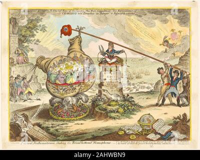 James Gillray. Politische Mathematiker, Schütteln die Breite unten 'Hemisphären. 1807. England. Handcolorierte Radierung auf Papier Stockfoto