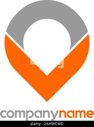 Brief VO oder OV Alphabet Logo Design Vorlage, Symbol Karte Logo Konzept, Monogramm Firmenschriftzug, Piktogramm Stil, Pin, an der sich der Mauszeiger befindet, Grau, Orange, Destinati Stock Vektor