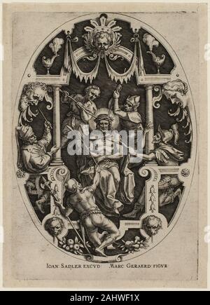 Jan Sadeler, der Ältere. Dornenkrönung, von der Passion Christi. 1570 - 1600. Flandern. Gravur in Schwarz an den cremefarbenen Papier, nachdem an der Spalte gepeitscht wird festgelegt, gebunden und von allen Seiten mit einem dornigen Krone und andere folterungen verspottet, der sitzenden Christus erscheint dennoch majestätisch und Regal. Die umliegenden Kolonnade betont seine Inhaftierung als seine Peiniger auf ihn hängen, Jeering immer lauter. Christus hat Schilf anstelle eines Zepters, während Soldaten an seine Kleider nicht zerreißen, aber seine stetigen Blick reicht weit über den gedruckten Flugzeug. Stockfoto