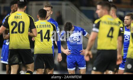 HARTLEPOOL, ENGLAND - am 1. Januar Gavan Holohan von Hartlepool United zeigt seine Enttäuschung am Ende der Vanarama nationalen Liga Match zwischen Hartlepool United und Harrogate Stadt im Victoria Park, Hartlepool am Mittwoch, den 1. Januar 2020. (Credit: Mark Fletcher | Kredit: MI Nachrichten & Sport/Alamy leben Nachrichten Stockfoto