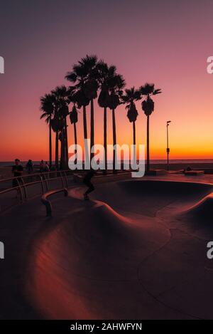 Skate Park und Palmen bei Sonnenuntergang in Venice Beach, Los Angeles, Kalifornien Stockfoto