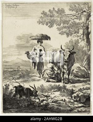Cornelis Visscher. Frau Melken einer Kuh. 1649 - 1658. Holland. Gravur auf Papier eine professionelle Graveur und Zeichner, Visscher produziert fast 200 Stiche - includingportraits und Genre Szenen seines eigenen Design - in seiner blossen neunundzwanzig Jahre des Lebens. Stockfoto