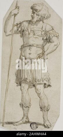 Stil von Raymond de Lafage. Ständigen römischen Krieger Holding Personal. 1630 - 1664. Italien. Stift- und braun-Tinte mit Pinsel in Grau Waschen auf Elfenbein Papier festgelegt, festgelegt auf Elfenbein Bütten Stockfoto