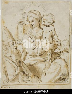 Giacomo Bambini. Madonna mit Kind und zwei männlichen Heiligen. 1602 - 1639. Italien. Feder und Tinte, braun mit Pinsel und Braun waschen, auf Elfenbein Bütten, unten auf Elfenbein festgelegten Papier, auf Creme Karte gespitzt Stockfoto