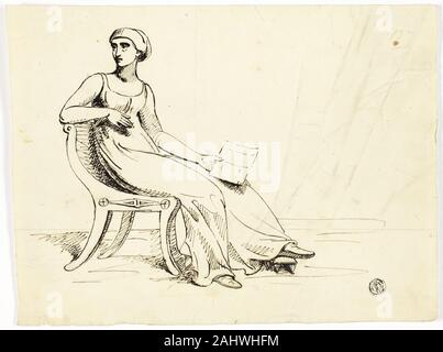 John Downman. Frau sitzt in der Römischen Stuhl. 1770 - 1824. England. Pen und braun Tinte, mit einem Hauch von Graphit, auf Creme webte Papier Stockfoto