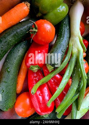 Überblick über verschiedene Gemüse mit Wassertropfen auf eine Küche, mediterrane Küche, Spanien angeordnet Stockfoto