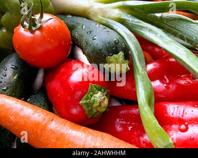 Überblick über verschiedene Gemüse mit Wassertropfen auf eine Küche, mediterrane Küche, Spanien angeordnet Stockfoto