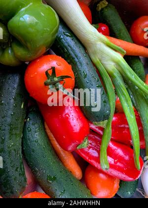 Überblick über verschiedene Gemüse mit Wassertropfen auf eine Küche, mediterrane Küche, Spanien angeordnet Stockfoto