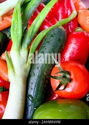 Überblick über verschiedene Gemüse mit Wassertropfen auf eine Küche, mediterrane Küche, Spanien angeordnet Stockfoto