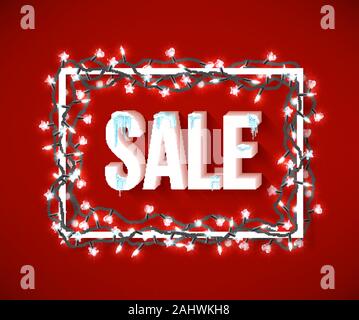 Weihnachten Verkauf Poster mit Schneeflocken und Weihnachtsbeleuchtung, Vektor, Abbildung Stock Vektor