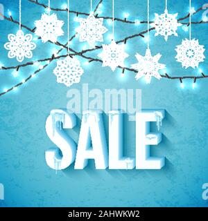 Weihnachten Verkauf Poster mit Schneeflocken und Weihnachtsbeleuchtung, Vektor, Abbildung Stock Vektor