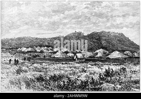 Gravur eines kleinen afrikanischen Dorf in Uganda in den 1800er Jahren. Stockfoto