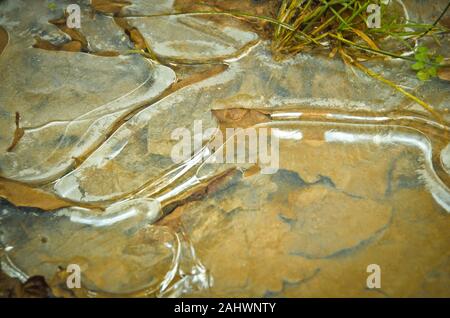 Gefrorenes Wasser in einer Pfütze im kalten Winter. Schöne Formen von gefrorenen Blasen Stockfoto