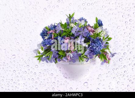 Ein Strauß Blumen auf einem Hintergrund mit Wassertröpfchen. Stockfoto