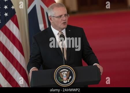 Washington, District of Columbia, USA. 20 Sep, 2019. Der australische Premierminister Scott Morrison spricht während einer Pressekonferenz im Weißen Haus am 9. September, 2019 in Washington, DC Quelle: Alex Edelman/ZUMA Draht/Alamy leben Nachrichten Stockfoto