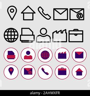 Eine Reihe von Kontaktinformationen Symbole. Tasten vektor Icon Set. Kommunikation Symbols Collection, Vektor Skizzen. E-Mail, Adresse, home, user, Telefon, Tel. Stockfoto