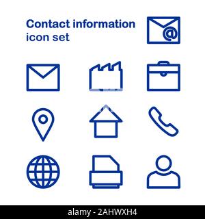 Eine Reihe von Kontaktinformationen Symbole. Tasten vektor Icon Set. Kommunikation Symbols Collection, Vektor Skizzen. E-Mail, Adresse, home, user, Telefon, Tel. Stockfoto