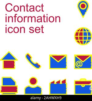 Eine Reihe von Kontaktinformationen Symbole. Tasten vektor Icon Set. Kommunikation Symbols Collection, Vektor Skizzen. E-Mail, Adresse, home, user, Telefon, Tel. Stockfoto