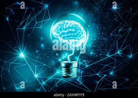 Glühende Gehirn in einer Glühlampe. Futuristische Plexus lines network Hintergrund. Fantasie, Wissen, Erkenntnis, Lernen, Idee, Konzepte, 3D-Rendering krank Stockfoto